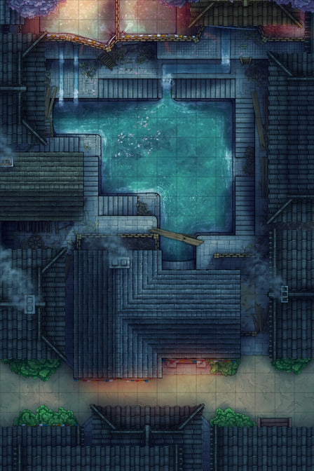 Modular Japanese Alleys & Streets Tileset Battlemap - rooftop view japanese bathhouse - Digital, Foundry VTT, Print