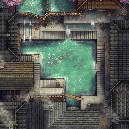Modular Japanese Alleys & Streets Tileset Battlemap - japanese-style bathhouse - Digital, Foundry VTT, Print