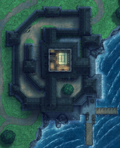 Modular Japanese Castle Interiors Battlemap - dark fortified lakeside estate - Digital, Foundry VTT, Print