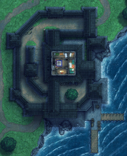 Modular Japanese Castle Interiors Battlemap - dark fortified lakeside manor - Digital, Foundry VTT, Print
