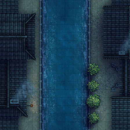 Modular Japanese City Streets Tileset Battlemap - dark narrow canal - Digital, Foundry VTT, Print