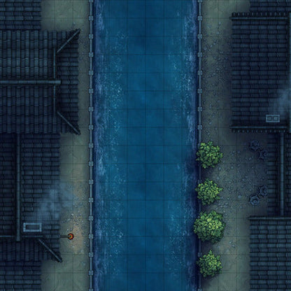 Modular Japanese City Streets Tileset Battlemap - dark narrow canal - Digital, Foundry VTT, Print