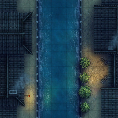 Modular Japanese City Streets Tileset Battlemap - overhead view canal - Digital, Foundry VTT, Print