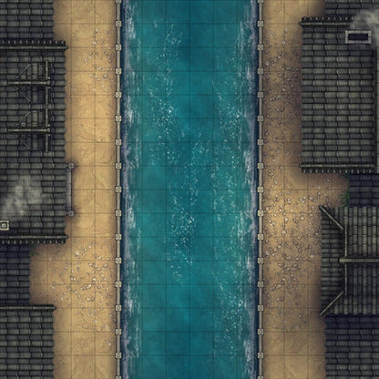 Modular Japanese City Streets Tileset Battlemap - overhead view canal city - Digital, Foundry VTT, Print