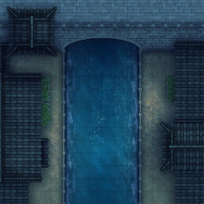 Modular Japanese City Streets Tileset Battlemap - overhead view canal - Digital, Foundry VTT, Print