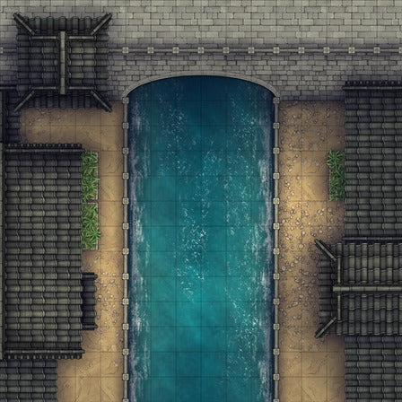 Modular Japanese City Streets Tileset Battlemap - overhead view canal - Digital, Foundry VTT, Print