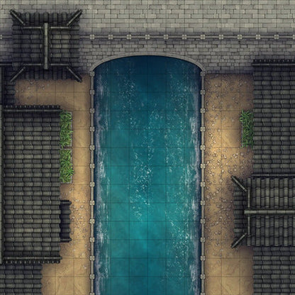 Modular Japanese City Streets Tileset Battlemap - overhead view canal - Digital, Foundry VTT, Print