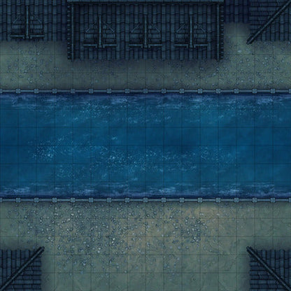 Modular Japanese City Streets Tileset Battlemap - overhead view canal - Digital, Foundry VTT, Print