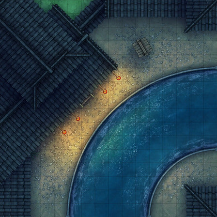 Modular Japanese City Streets Tileset Battlemap - overhead view curved canal - Digital, Foundry VTT, Print