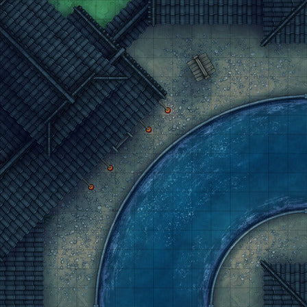 Modular Japanese City Streets Tileset Battlemap - overhead view curved waterway - Digital, Foundry VTT, Print