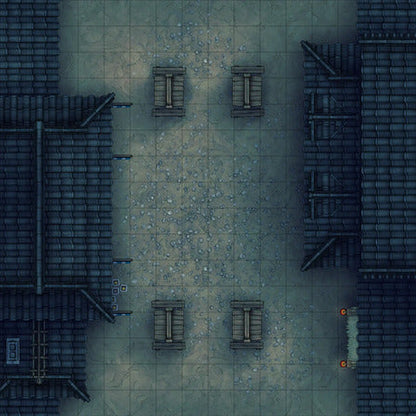 Modular Japanese City Streets Tileset Battlemap - overhead view dark urban alleyway - Digital, Foundry VTT, Print