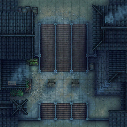 Modular Japanese City Streets Tileset Battlemap - overhead view dark urban marketplace - Digital, Foundry VTT, Print