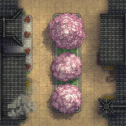 Modular Japanese City Streets Tileset Battlemap - overhead view street cherry trees - Digital, Foundry VTT, Print