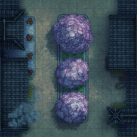 Modular Japanese City Streets Tileset Battlemap - overhead view tree-lined street - Digital, Foundry VTT, Print