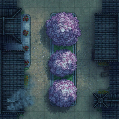 Modular Japanese City Streets Tileset Battlemap - overhead view tree-lined street - Digital, Foundry VTT, Print