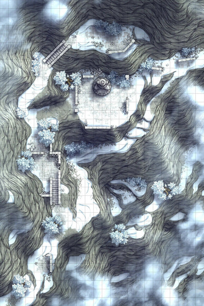 Mountain Pass Ruins Battlemap - black white topographic map mountainous - Digital, Foundry VTT, Print