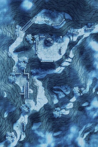 Mountain Pass Ruins Battlemap - blue white tie-dye patterned blanket - Digital, Foundry VTT, Print