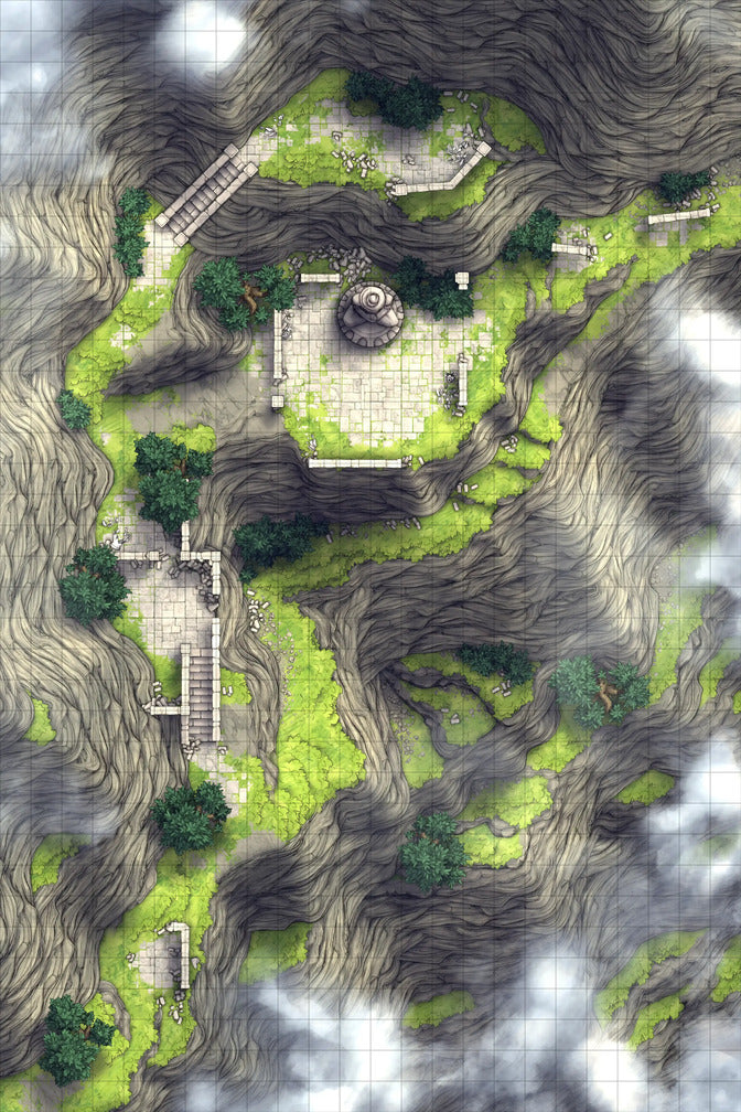 Mountain Pass Ruins Battlemap - green brown stone garden maze - Digital, Foundry VTT, Print