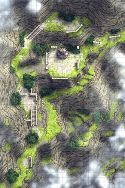 Mountain Pass Ruins Battlemap - green brown stone garden maze - Digital, Foundry VTT, Print