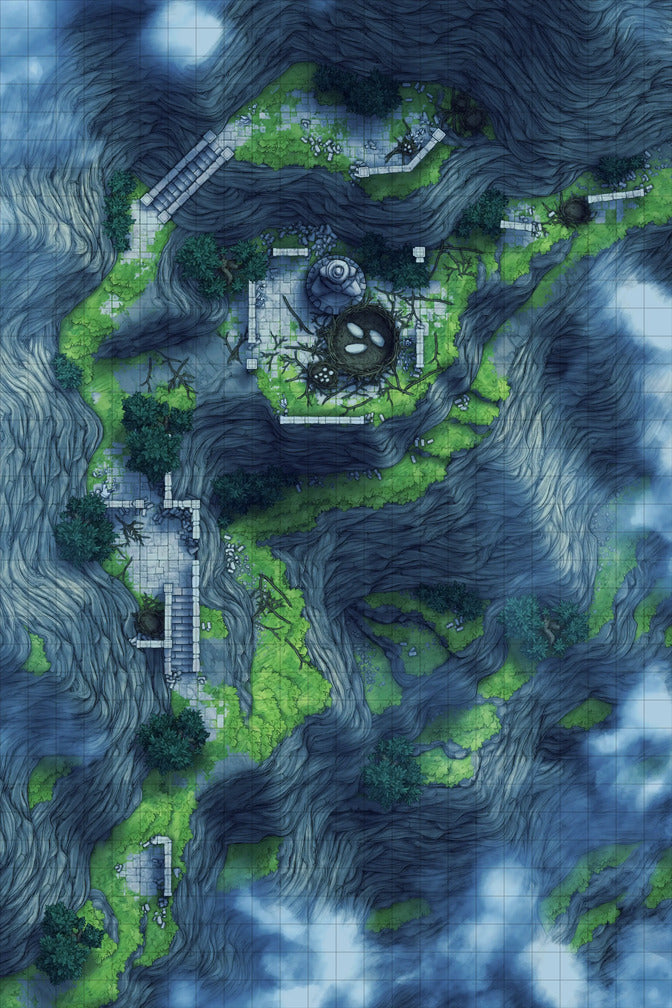 Mountain Pass Ruins Battlemap - green white spiral staircase stone - Digital, Foundry VTT, Print