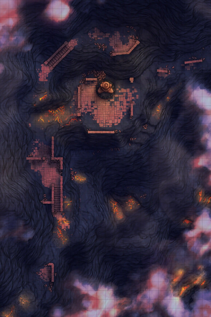 Mountain Pass Ruins Battlemap - pink pixelated heart-shaped object center - Digital, Foundry VTT, Print