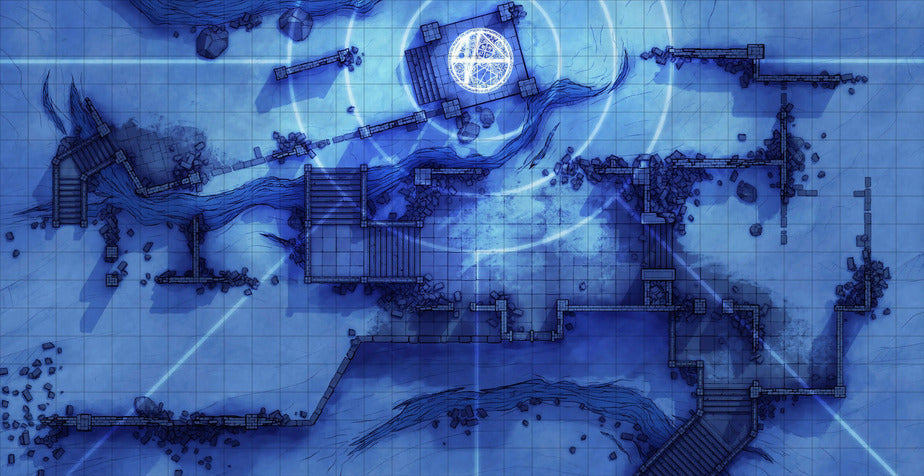 Old Mountain Ruins Battlemap - blue-toned fantasy battle map - Digital, Foundry VTT, Print