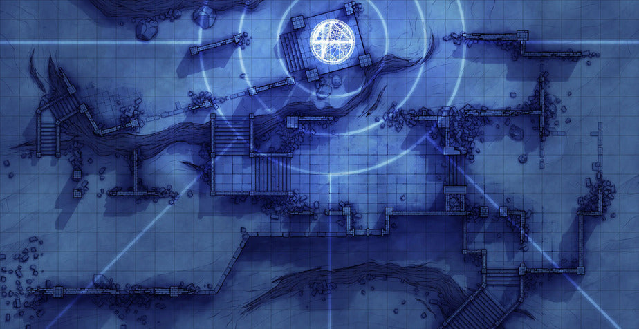 Old Mountain Ruins Battlemap - blue-toned fantasy battle map - Digital, Foundry VTT, Print
