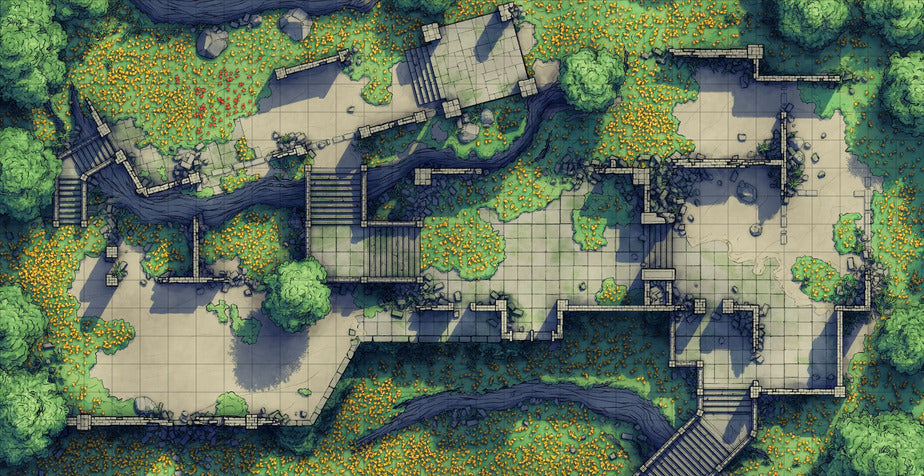 Old Mountain Ruins Battlemap - overgrown stone ruins - Digital, Foundry VTT, Print