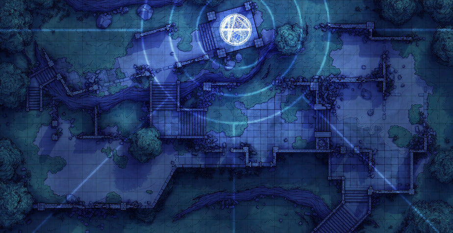 Old Mountain Ruins Battlemap - overhead view blue-toned fantasy map - Digital, Foundry VTT, Print