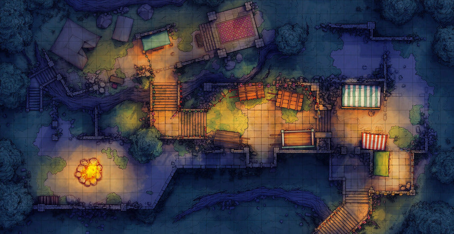 Old Mountain Ruins Battlemap - overhead view nighttime village - Digital, Foundry VTT, Print