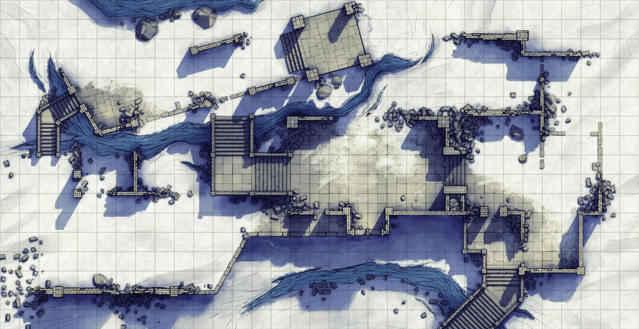 Old Mountain Ruins Battlemap - ruined stone fortress waterways - Digital, Foundry VTT, Print