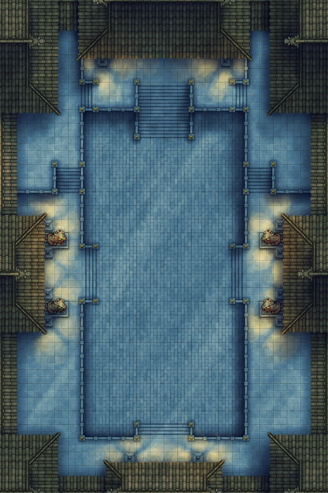 Palace Courtyard Battlemap - blue stone fountain steps columns - Digital, Foundry VTT, Print