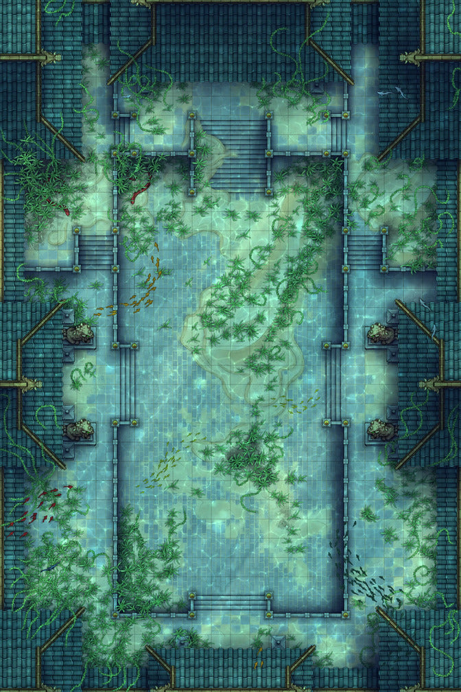 Palace Courtyard Battlemap - green moss-covered stone garden maze - Digital, Foundry VTT, Print