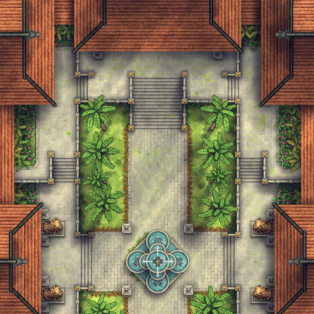 Palace Courtyard Battlemap - green palm tree topiary decorative - Digital, Foundry VTT, Print