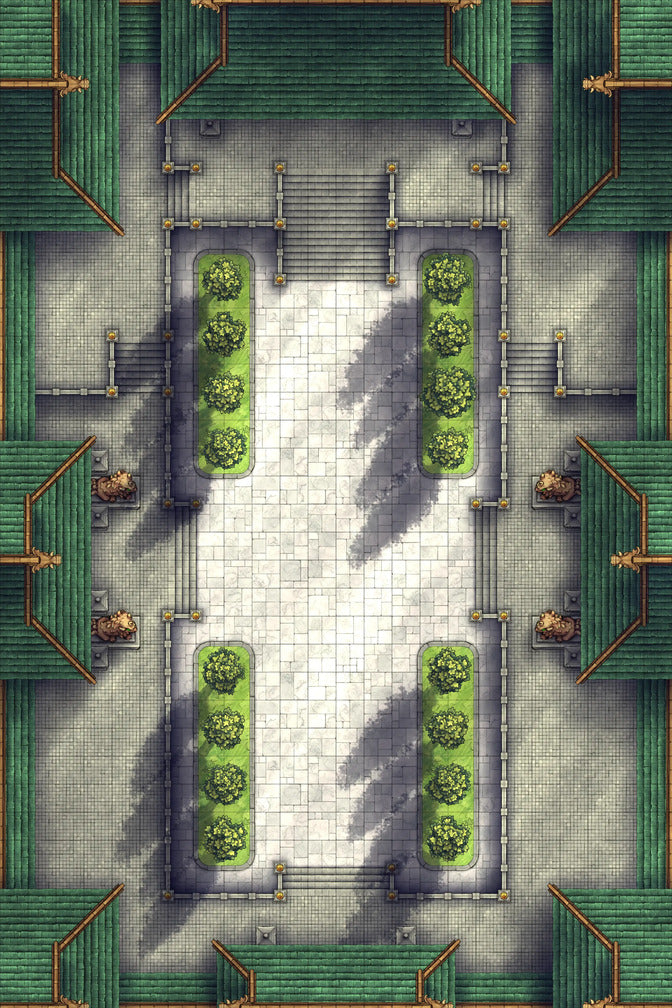 Palace Courtyard Battlemap - green tiled roof garden stone - Digital, Foundry VTT, Print