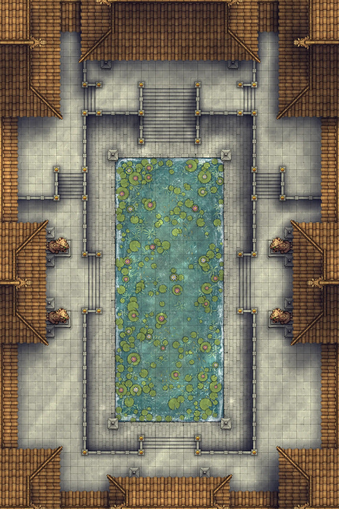Palace Courtyard Battlemap - rectangular pool green algae stone - Digital, Foundry VTT, Print