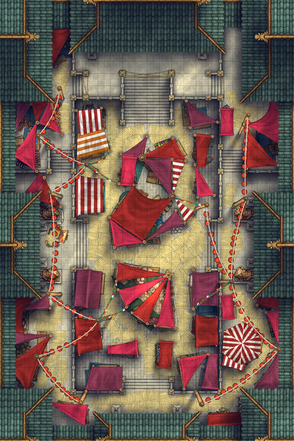 Palace Courtyard Battlemap - red white striped circus tent - Digital, Foundry VTT, Print