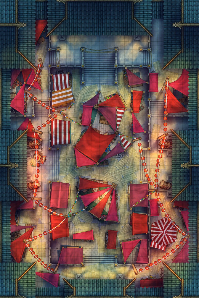Palace Courtyard Battlemap - red white striped fabric banner - Digital, Foundry VTT, Print