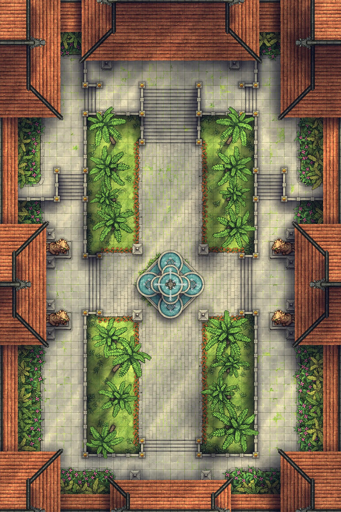 Palace Courtyard Battlemap - turquoise fountain intricate design surrounded - Digital, Foundry VTT, Print