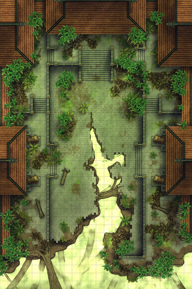 Palace Courtyard Battlemap - wooden bridge stone steps green - Digital, Foundry VTT, Print
