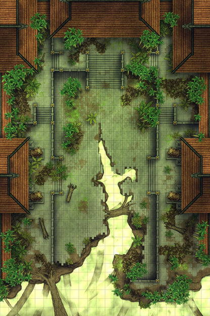 Palace Courtyard Battlemap - wooden bridge stone steps green - Digital, Foundry VTT, Print