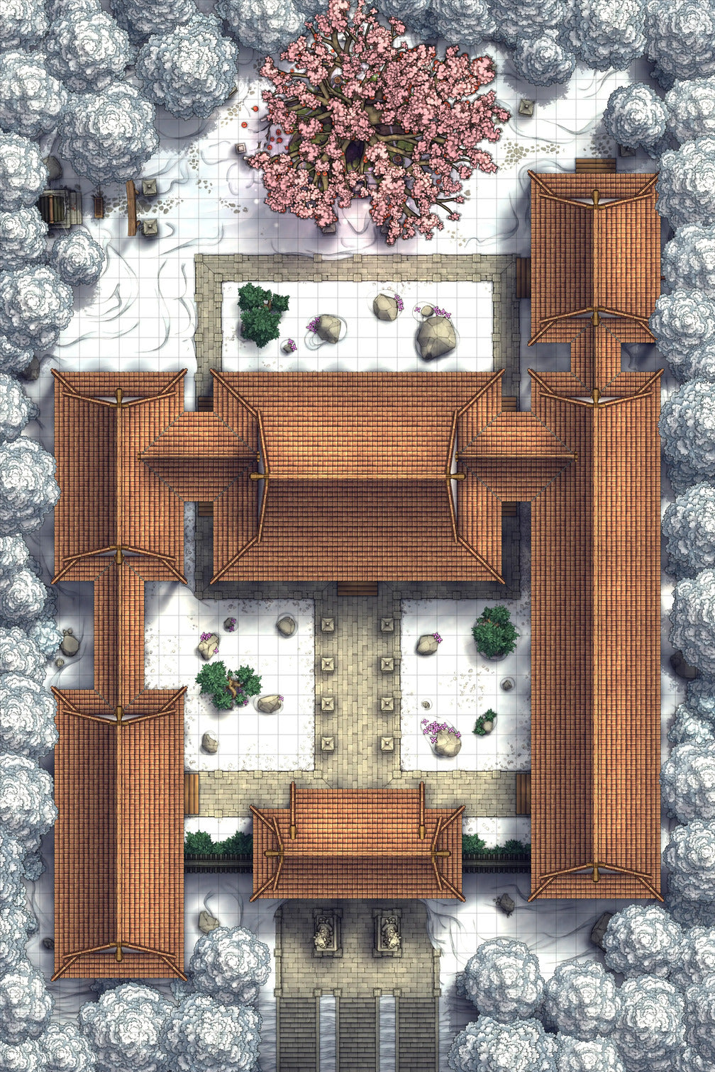 Peach Shrine Palace Battlemap - brown wicker chair floral cushion - Digital, Foundry VTT, Print