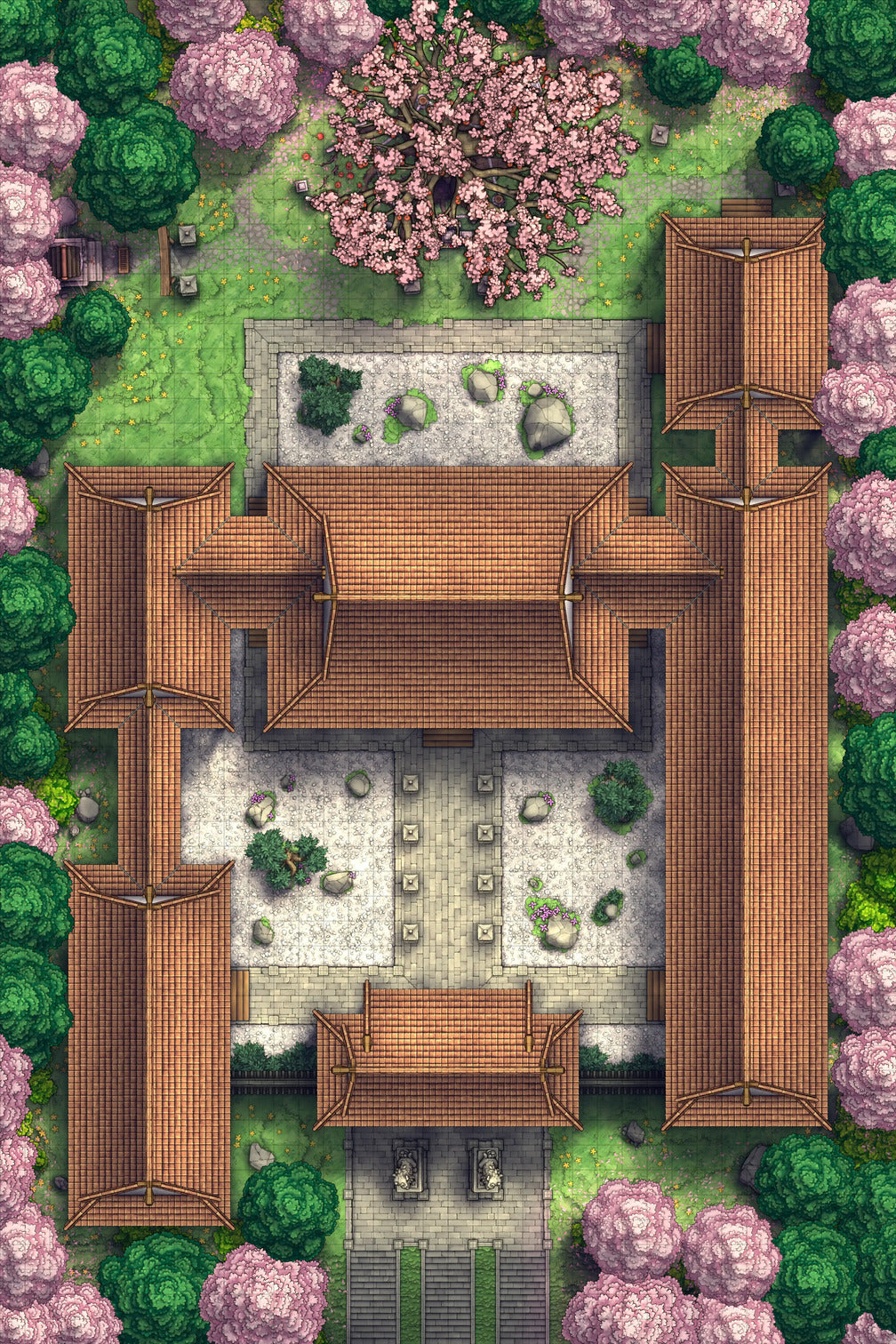 Peach Shrine Palace Battlemap - brown wooden house stone courtyard - Digital, Foundry VTT, Print