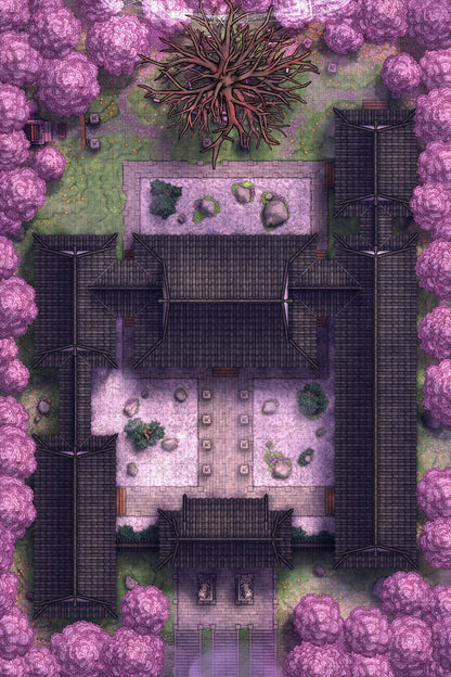 Peach Shrine Palace Battlemap - lavender floral-patterned garden mat black - Digital, Foundry VTT, Print
