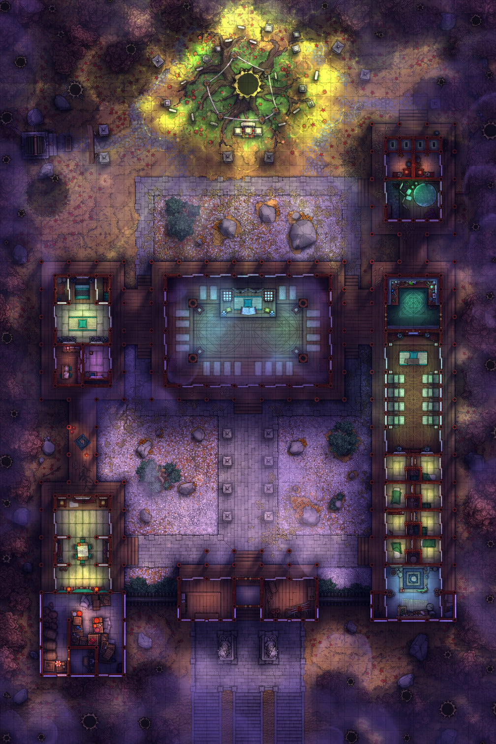 Peach Shrine Palace Battlemap - purple green modular furniture set - Digital, Foundry VTT, Print
