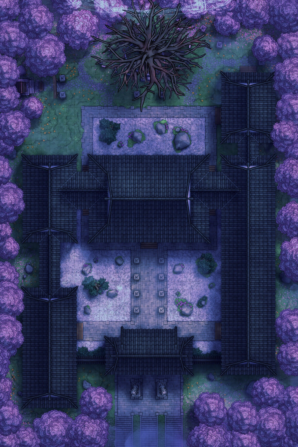 Peach Shrine Palace Battlemap - purple green stone garden maze - Digital, Foundry VTT, Print