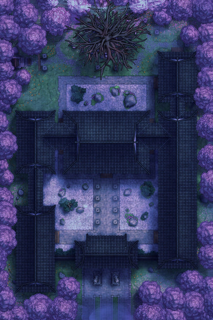 Peach Shrine Palace Battlemap - purple green stone garden maze - Digital, Foundry VTT, Print