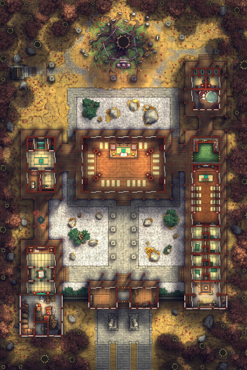 Peach Shrine Palace Battlemap - wooden table chairs brown green - Digital, Foundry VTT, Print