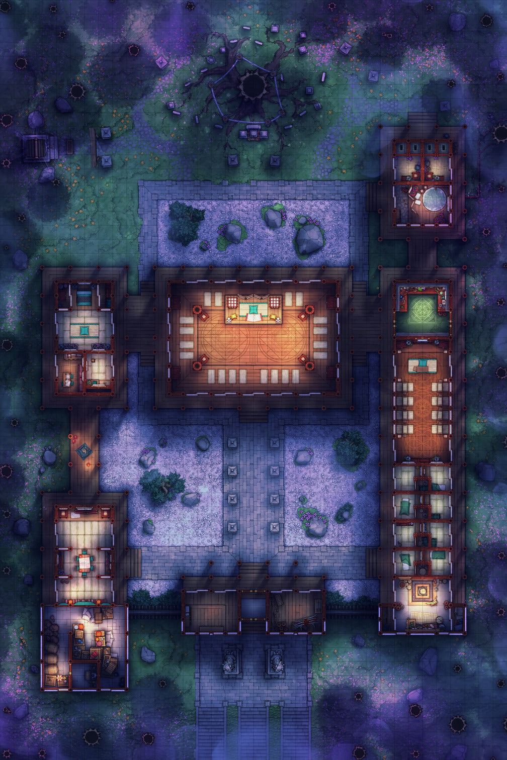 Peach Shrine Palace Battlemap - wooden table four chairs dark - Digital, Foundry VTT, Print