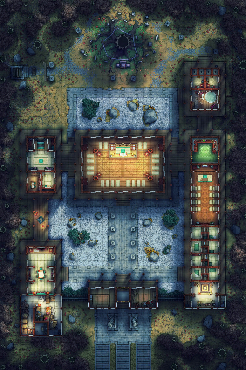 Peach Shrine Palace Battlemap - wooden table green chairs blue - Digital, Foundry VTT, Print